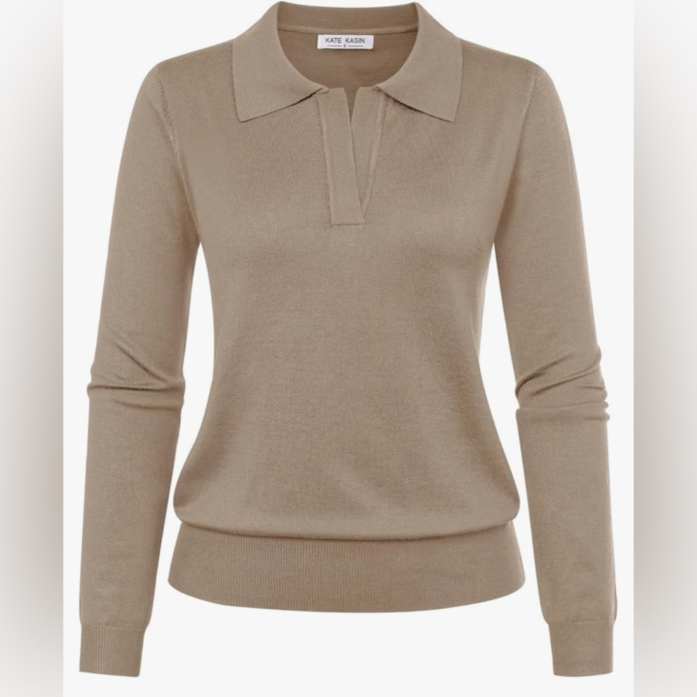 Kate Kasin Women’s Casual Long Sleeve V-Neck Knitted Pullover Sweater Polo Top